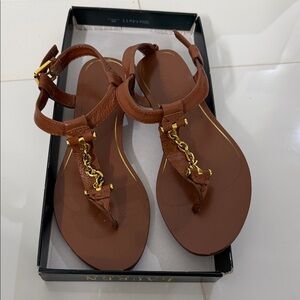 Lauren Ralph Lauren Brown Leather T-Strap Sandals with Gold Chain